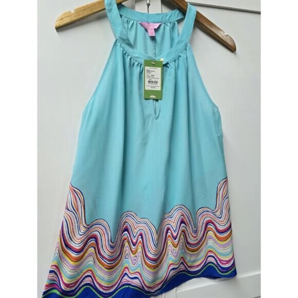 Lilly Pulitzer 100% Silk Rogan Shorely Blue The Catch Stripe Engineer Top New L - Picture 4 of 4